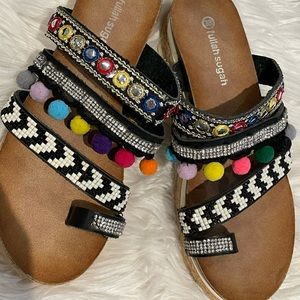 FULLAH SUGAH POM POM RHINESTONE BEADED SLIDE SANDAL Santorini NEW 38